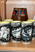 A SET OF FIVE MID 20TH CENTURY LOUMICK QUIMPER WATER BEAKERS, decorated with Poseidon, sea shell,