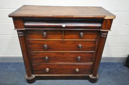 A VICTORIAN MAHOGANY SCOTCH CHEST OF DRAWERS, the top ogee drawer over two short drawer and three