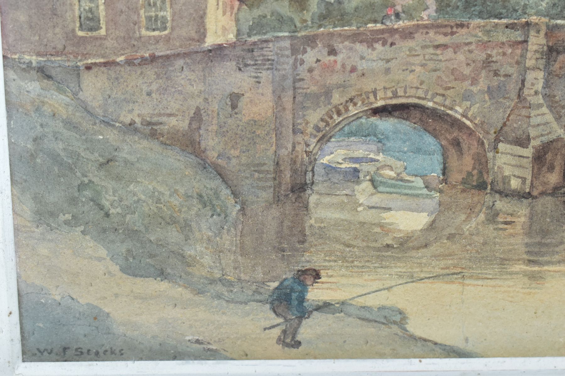 WALTER FRYER STOCKS (1842-1915), A MALE FIGURE FISHING BESIDE A BRIDGE, signed bottom left, - Image 4 of 4