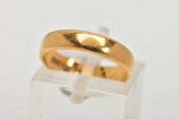 A 22CT GOLD BAND RING, a soft courted band ring approximate width 4mm x depth 1mm, ring size I 1/2