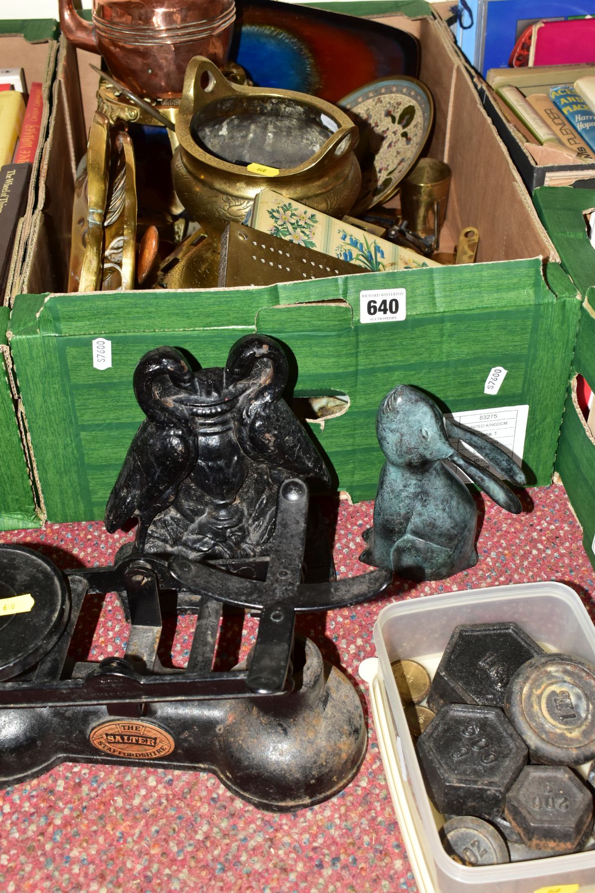 A BOX AND LOOSE METAL WARES ETC, to include a hollow bronze sculpture of a hare, Victorian Kenrick