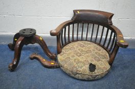 A LATE 19TH CENTURY MAHOGANY BOW TOP SWIVEL OFFICE CHAIR (condition:-ideal for restoration as one