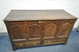 AN 18TH CENTURY OAK MULE CHEST, with fielded panels, above two drawers, width 146cm x depth 60cm x