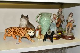 A GROUP OF CERAMIC ORNAMENTS, eight pieces comprising a Beswick Leopard no 1082, height 12cm, a