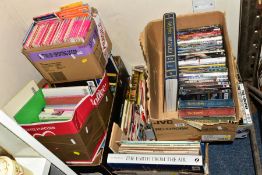 SIX BOXES OF BOOKS, DVDS, RECORDS AND MAPS, to include approximately sixty books with titles to