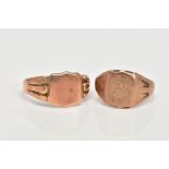 TWO 9CT GOLD SIGNET RINGS, a rose gold shield shaped signet ring with tapered shoulders, approximate