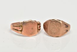 TWO 9CT GOLD SIGNET RINGS, a rose gold shield shaped signet ring with tapered shoulders, approximate