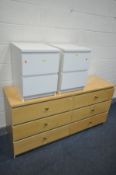 A LOW BEECH CHEST OF SIX DRAWERS, length 160cm x depth 49cm x height 78cm, and a similar pair of