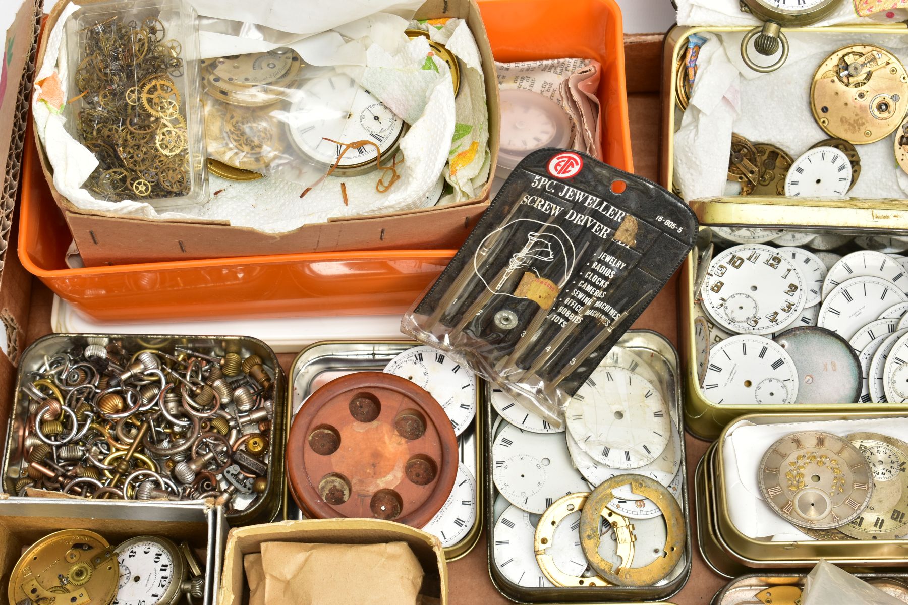 A BOX OF WATCH MAKERS SPARES AND REPAIRS, to include pocket watch dials, cases, movements, a box - Image 7 of 7