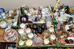 FIVE BOXES AND LOOSE CERAMIC ORNAMENTS, TANKARDS, ORIENTAL CERAMICS AND GIFTWARE, to include a