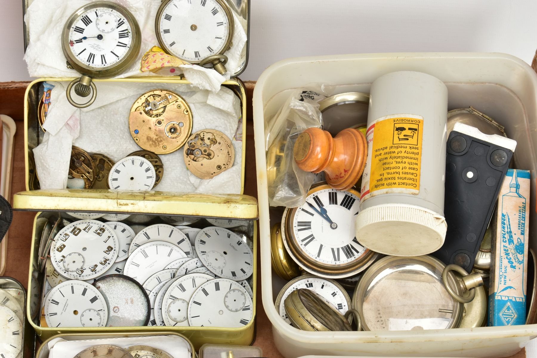 A BOX OF WATCH MAKERS SPARES AND REPAIRS, to include pocket watch dials, cases, movements, a box - Image 5 of 7