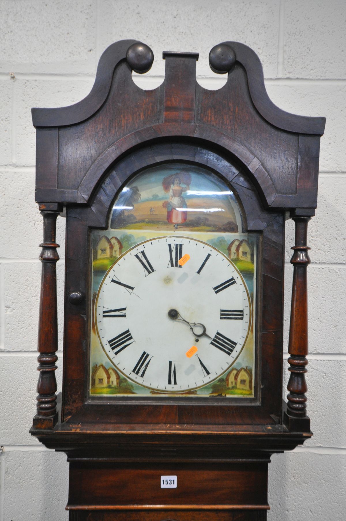 A GEORGIAN OAK, MAHOGANY AND CROSSBANDED EIGHT DAY LONGCASE CLOCK, the hood with a swan neck - Image 2 of 6