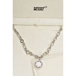 A SILVER MONTBLANC CHAIN, fancy link chain, suspending a Montblanc swivel pendant, fitted with a