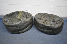 A PAIR OF 1970'S GREEN LEATHER PATCHWORK BEAN BAGS