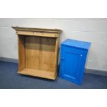 A PINE OPEN BOOKCASE (top section only) width 103cm x depth 40cm x height 106cm, and a blue