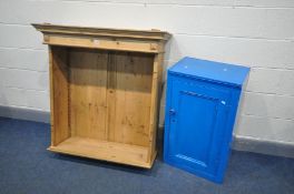 A PINE OPEN BOOKCASE (top section only) width 103cm x depth 40cm x height 106cm, and a blue