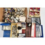 A BOX OF ASSORTED ITEMS, to include a cream jewellery box with contents of costume jewellery,