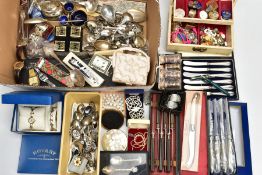 A BOX OF ASSORTED ITEMS, to include a cream jewellery box with contents of costume jewellery,