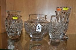 THREE WATERFORD CRYSTAL VASES AND A THOMAS WEBB VASE, including two Waterford Nocturne examples,