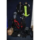 A SELECTION OF SPORTING CLOTHING AND EQUIPMENT including a Wilson Golf Bag containing 12 clubs by