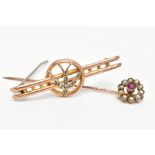 A VICTORIAN BROOCH AND STICK PIN, the brooch designed with a seed pearl set swallow bird, within a