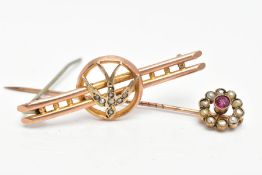 A VICTORIAN BROOCH AND STICK PIN, the brooch designed with a seed pearl set swallow bird, within a