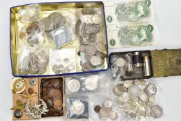 A BISCUIT TIN OF COINS AND COMMEMORATIVES, to include an 1894 and 1889 Victoria crown coins, a