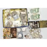 A BISCUIT TIN OF COINS AND COMMEMORATIVES, to include an 1894 and 1889 Victoria crown coins, a