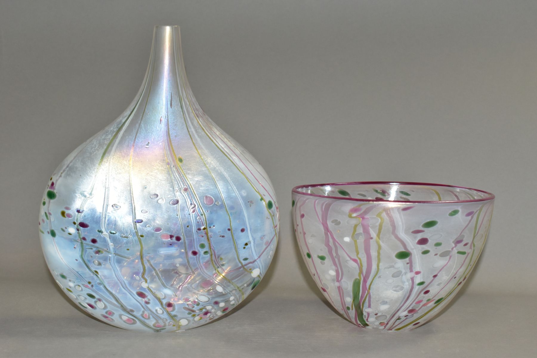 TWO PIECES OF ISLE OF WIGHT GLASS, both decorated with speckled and streaked pink and green design - Image 3 of 7