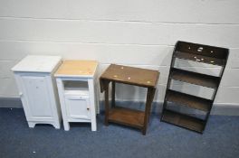 A SMALL OAK OPEN BOOKCASE, along with a drop leaf occasional table and two painted pot cupboards (