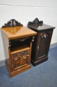 AN EDWARDIAN MAHOGANY POT CUPBOARD, with a carved foliate back and panelled door, width 40cm x depth