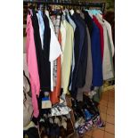 THREE BOXES AND LOOSE LADIES' CLOTHING, SHOES, ACCESSORIES AND VINTAGE LINENS to include an