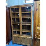 AN OAK GLAZED TWO DOOR BOOKCASE, with four adjustable shelves, above double panelled cupboard doors,