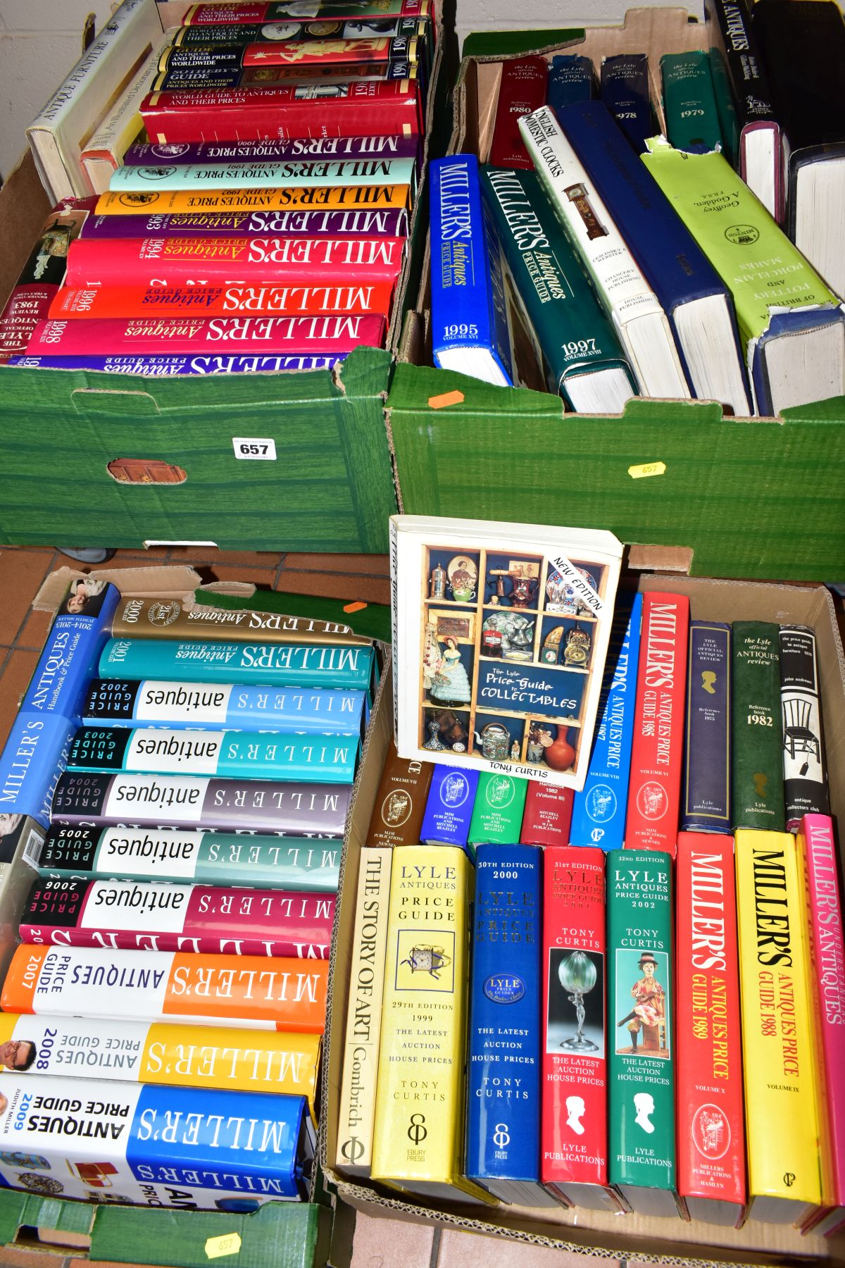 FOUR BOXES OF BOOKS, approximately fifty six titles, Miller's Antiques Price Guides 1982 - 2015,