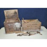 TWO VINTAGE WOODEN STORAGE BOXES containing eight vintage snow chains