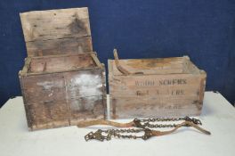 TWO VINTAGE WOODEN STORAGE BOXES containing eight vintage snow chains