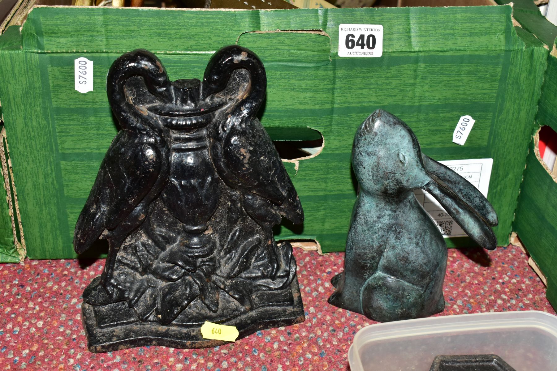 A BOX AND LOOSE METAL WARES ETC, to include a hollow bronze sculpture of a hare, Victorian Kenrick - Image 4 of 10