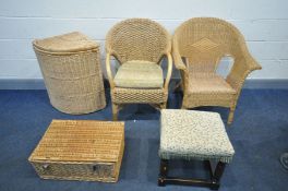 TWO WICKER ARMCHAIRS, a wicker corner linen basket, a wicker picnic basket, and an oak footstool (