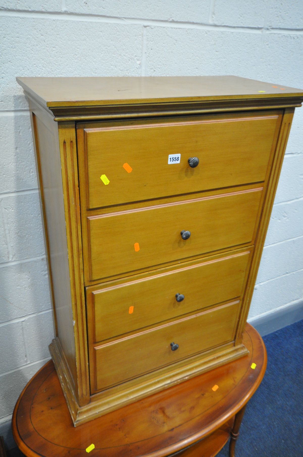 A YEW WOOD CHEST OF FIVE DRAWERS, width 63cm x depth 43cm x height 70cm, a similar oval coffee - Image 4 of 8