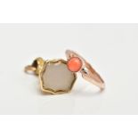 A CORAL RING AND INTAGLIO FOB, a round cabochon coral stone milgrain set in a rose metal mount,