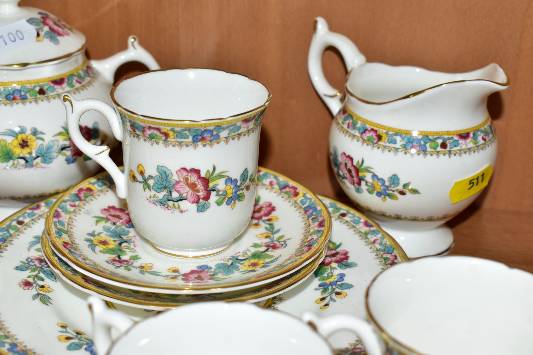 A COALPORT MING ROSE PATTERN PART TEA / COFFEE SERVICE, comprising a twin handled sugar bowl and - Image 5 of 8