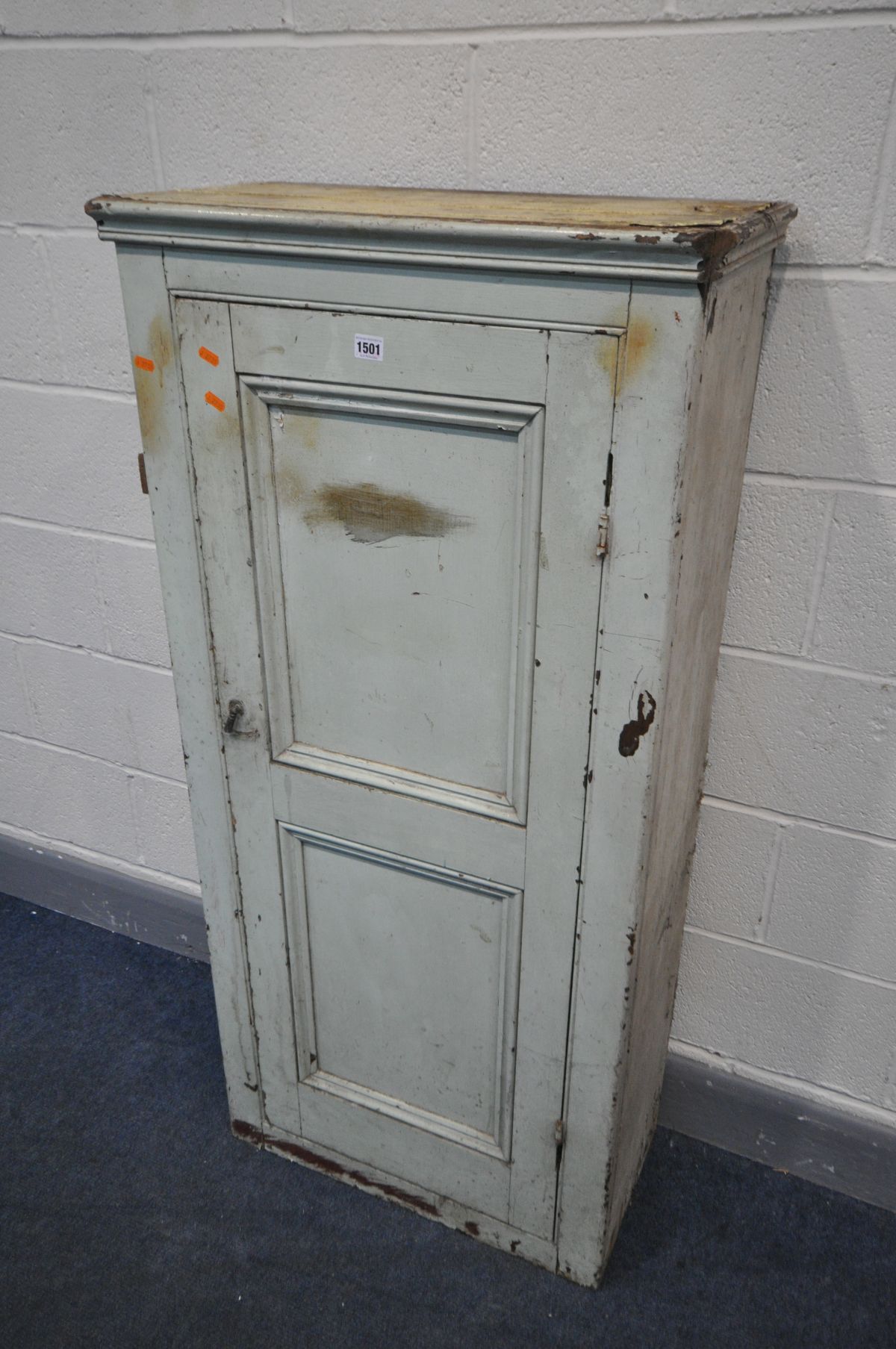 A PAINTED 19TH CENTURY PINE PANELLED SINGLE DOOR CUPBOARD, width 65cm x depth 33cm x height 136cm (