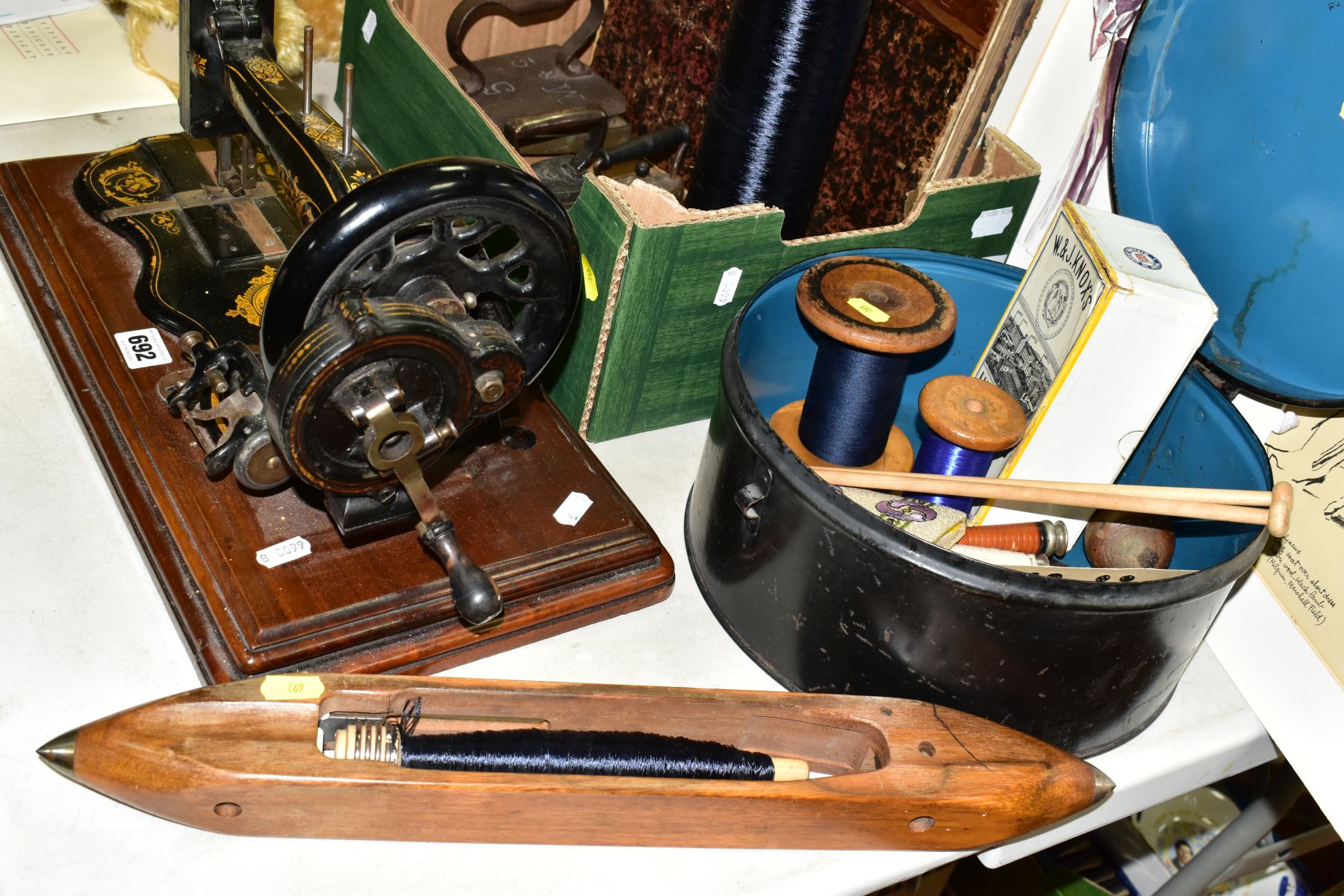 SEWING ACCESSORIES ETC, to include a Varley & Wolfenden Family sewing machine, box of seven reels of - Image 2 of 16
