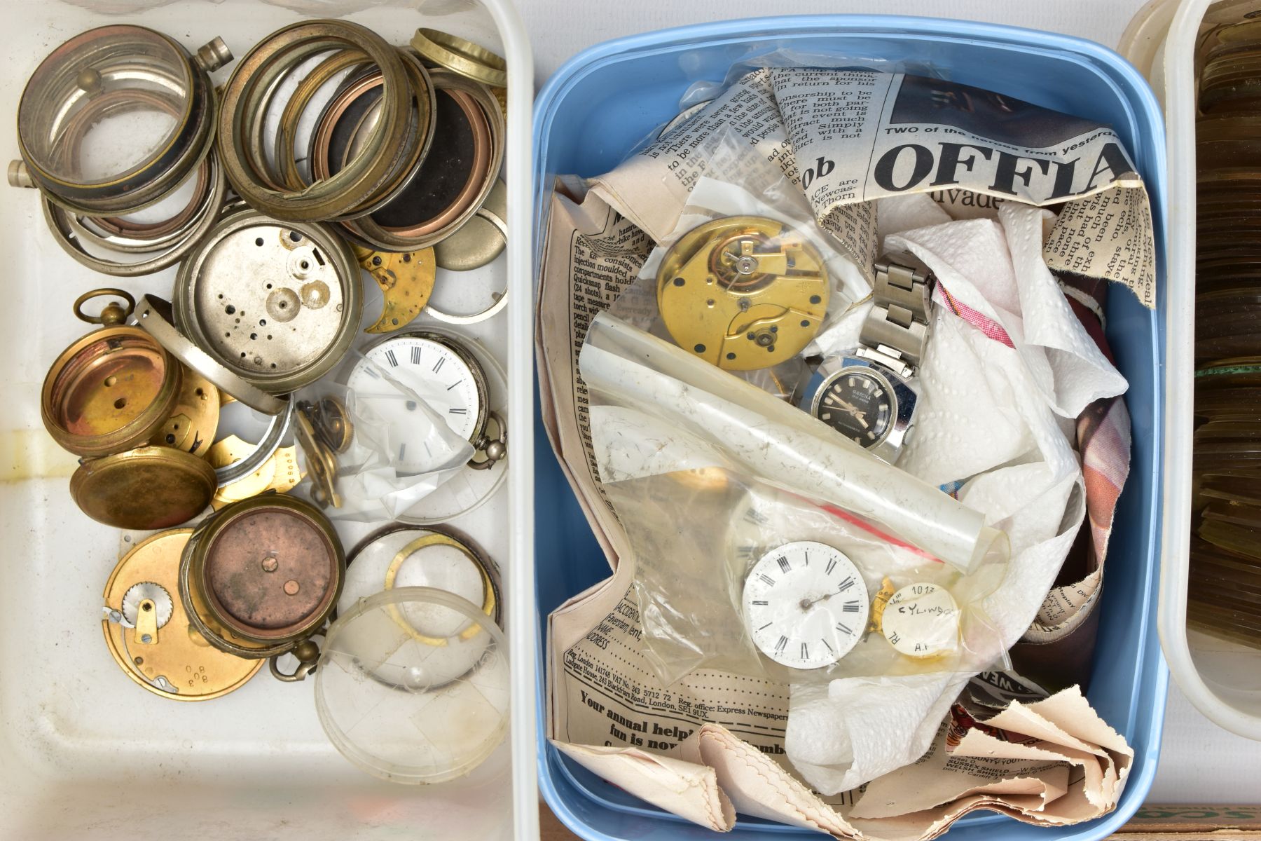 A BOX OF WATCH MAKERS SPARES AND REPAIRS, to include pocket watch dials, cases, movements, a box - Image 2 of 7