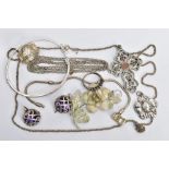 AN ASSORTMENT OF WHITE METAL JEWELLERY, to include two chains, a bracelet, a bangle, two rings two