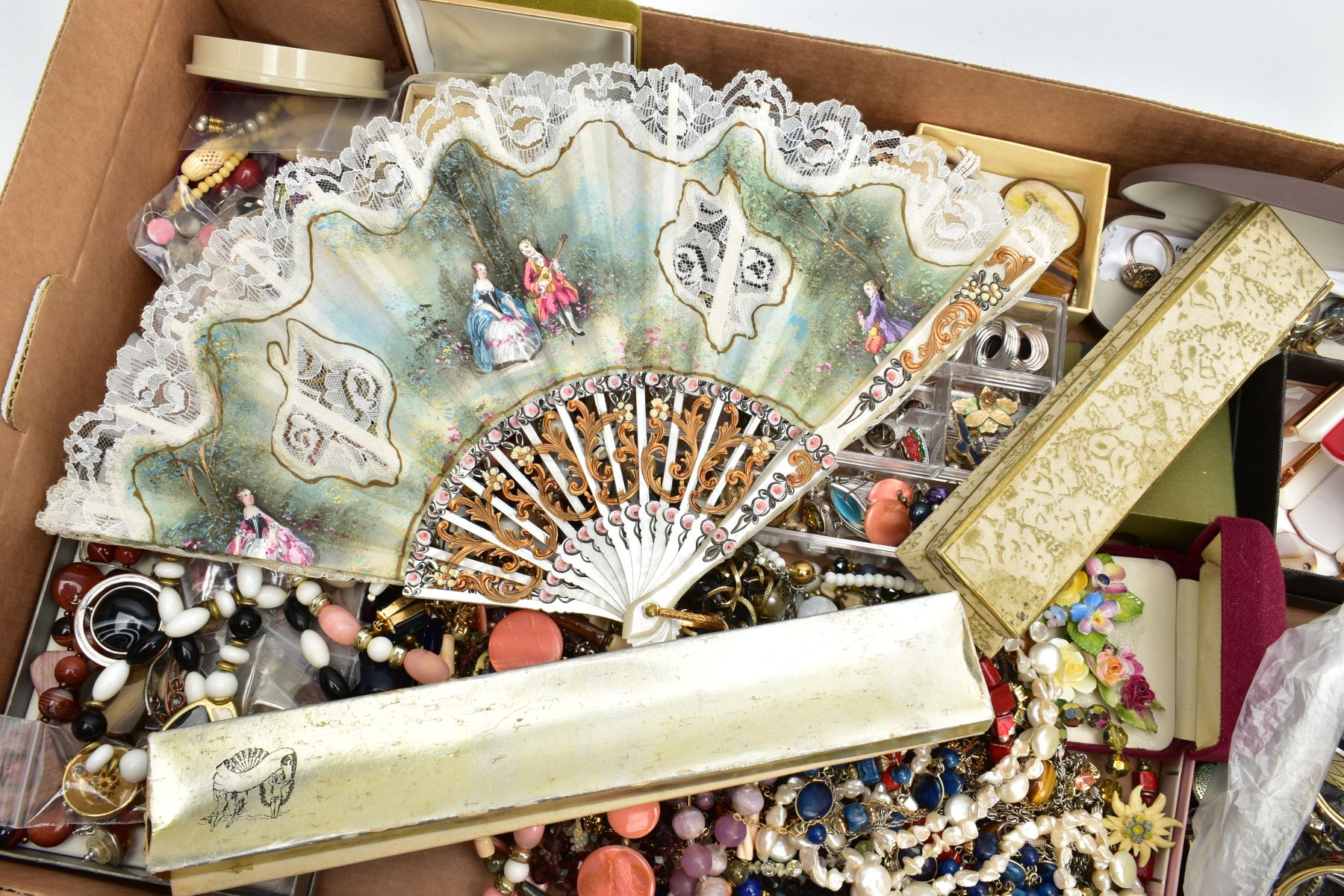 A BOX OF MOSTLY COSTUME JEWELLERY, to include a white metal RAF enamel brooch, stamped 'Silver', - Image 10 of 12
