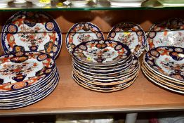 A MATCHED 19TH CENTURY IRONSTONE IMARI PART DINNER SERVICE, comprising Masons Ironstone twin handled