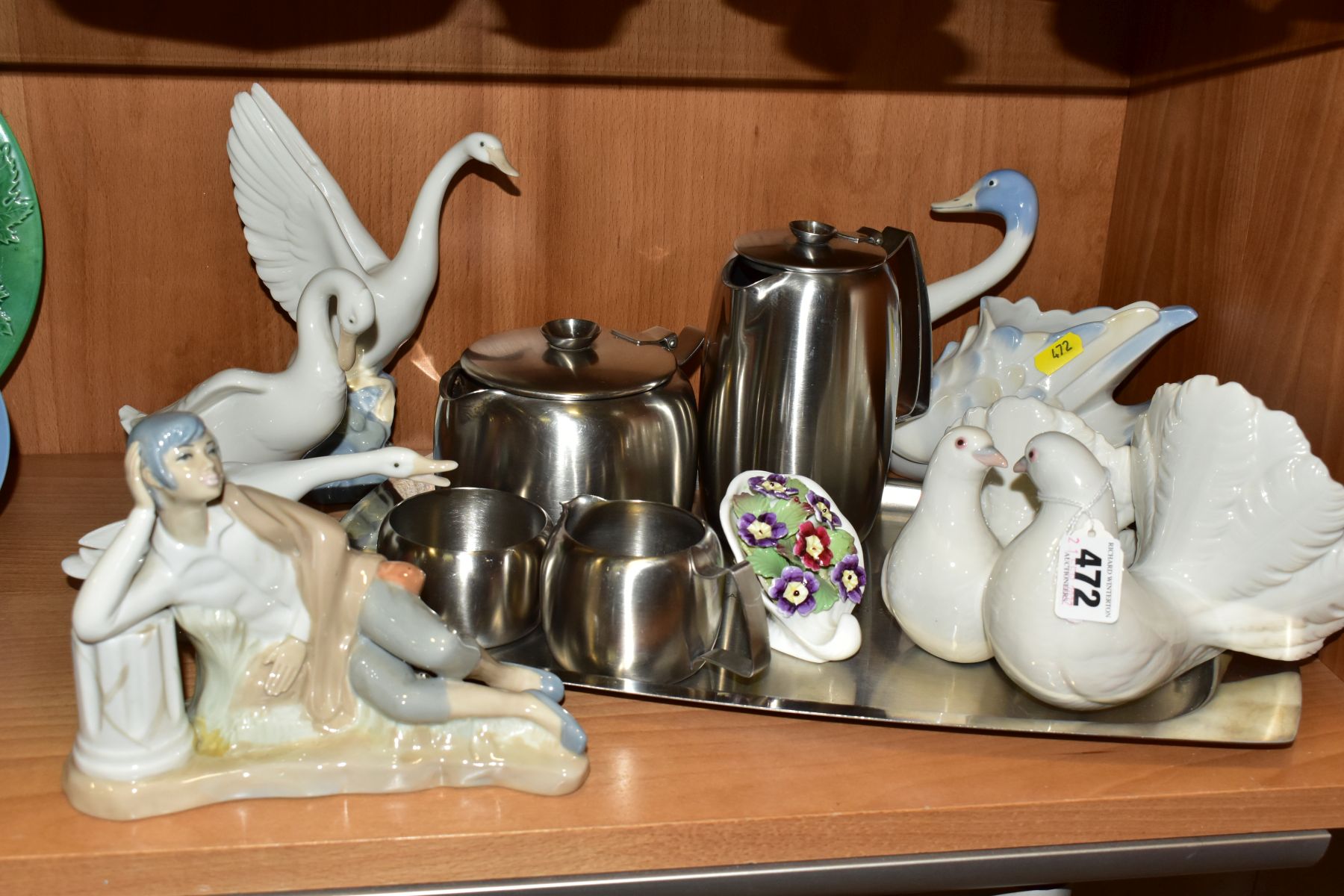 AN OLD HALL STAINLESS STEEL FOUR PIECE TEA SET ON TRAY, LLADRO, NAO AND OTHER SPANISH CERAMICS, ETC,