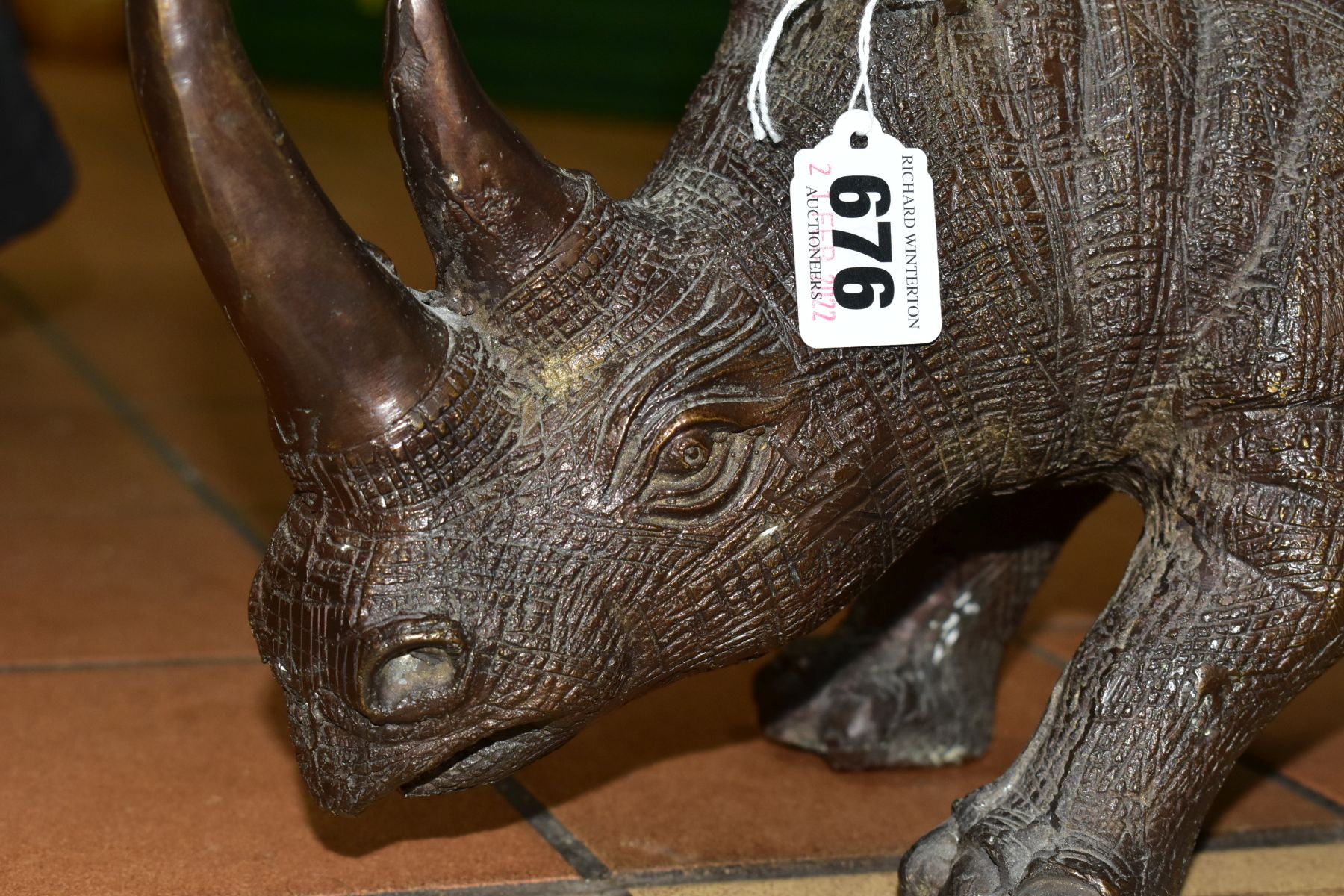 A BRONZE RHINOCEROS FIGURE, height 18cm, length 50cm, heavy (Condition report: good, no obvious - Image 2 of 7