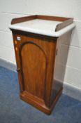 A VICTORIAN MAHOGANY MARBLE TOP POT CUPBOARD, with a gallery top, width 42cm x depth 38cm x height